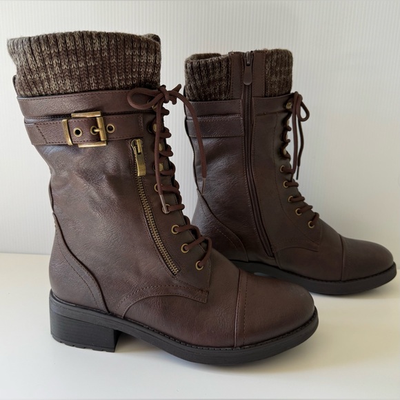 Women's Lace up Mid Calf Combat Boots Brown Size 10 NEW - Picture 2 of 11